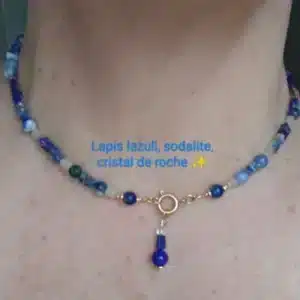 Collier sodalite rectangle et perle 6mm  Pierre de lune heishi 3mm  Lapis lazuli 6 mm  Goutte cristal de roche facetté