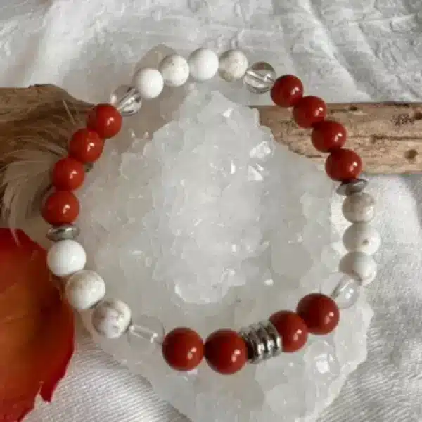 bracelet anti grignotage en magnésite jaspe rouge et cristal de roche (1)